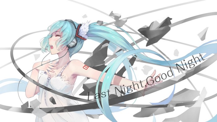 Hatsune Miku singing with headphones and text