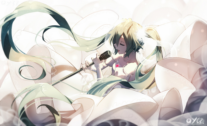 Anime girl singing into a microphone surrounded by white fabric