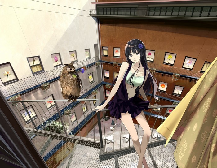 Anime girl with owl on balcony with flowers