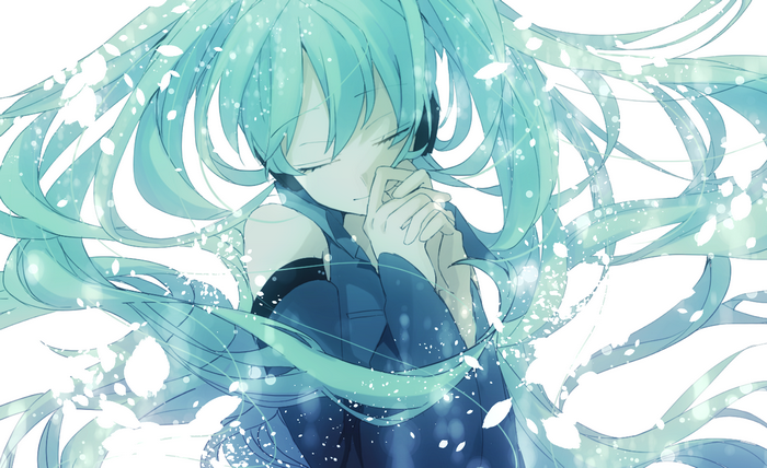 Anime girl with cyan hair praying