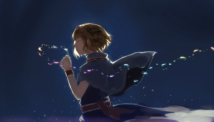 Anime girl with short hair blowing dandelion seeds