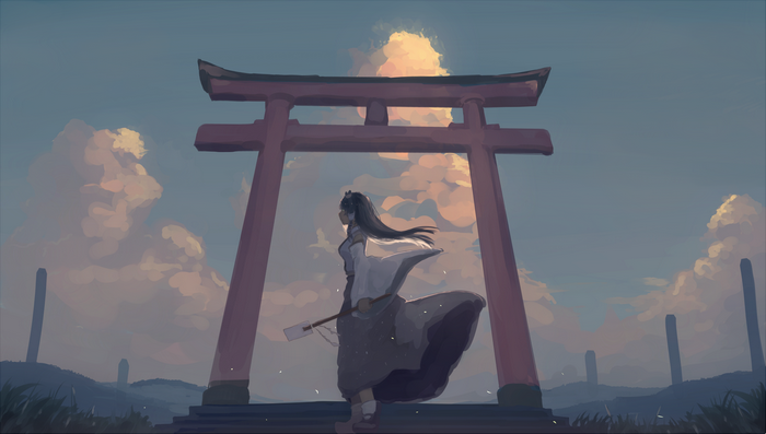 Anime girl with long dark hair standing by a torii gate