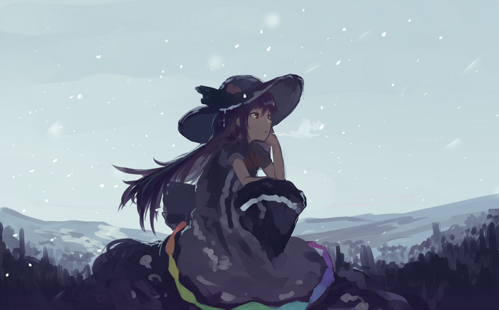 Anime girl with long hair wearing a hat in the snow