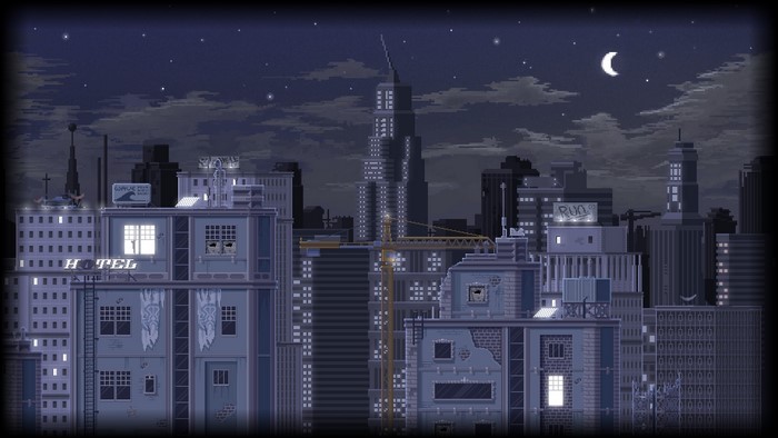 Pixel art cityscape at night with moon and stars