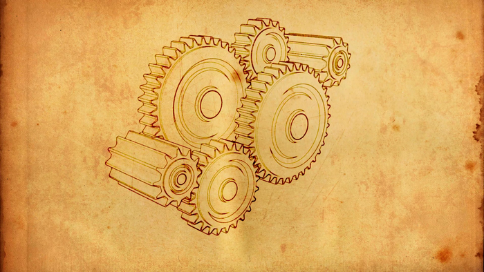 Sketch of interlocking gears on parchment