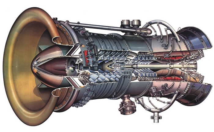 Cutaway illustration of a jet engine with visible gears and turbine