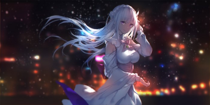 Emilia from Re:Zero with city lights background