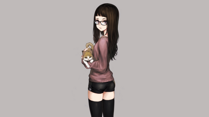 Anime girl with glasses holding a cat