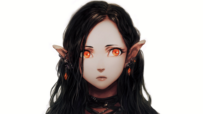 Anime elf girl with long dark hair and orange eyes