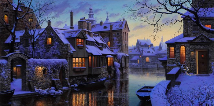 Winter village scene with snow-covered houses and a canal