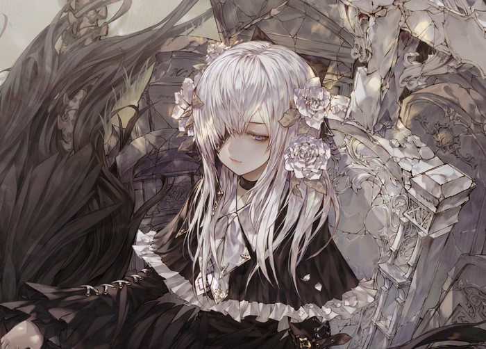 Anime girl with white hair and flowers in hair