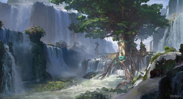 Fantasy tree house with waterfalls by Finnian MacManus