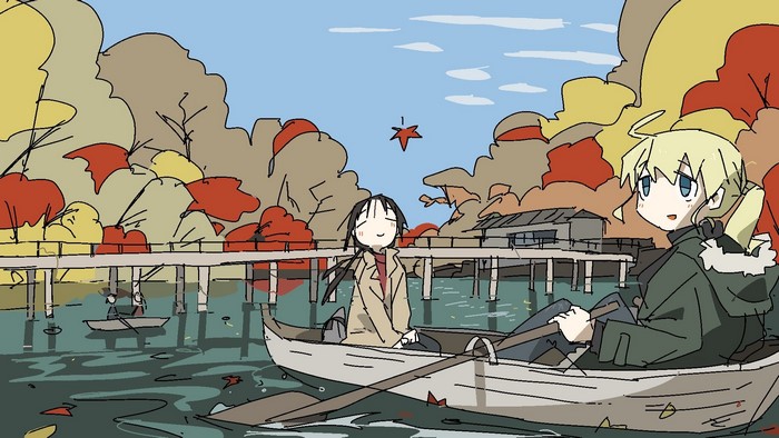 Yuuri and Chito from Shoujo Shuumatsu Ryokou in a rowboat