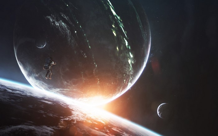 Astronaut floating near planets in space art