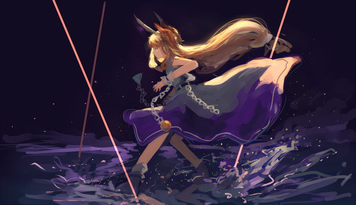 Ibuki Suika from Touhou with blonde hair and horns