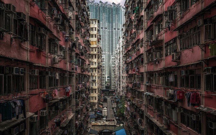 Dense urban cityscape of Hong Kong with tall buildings