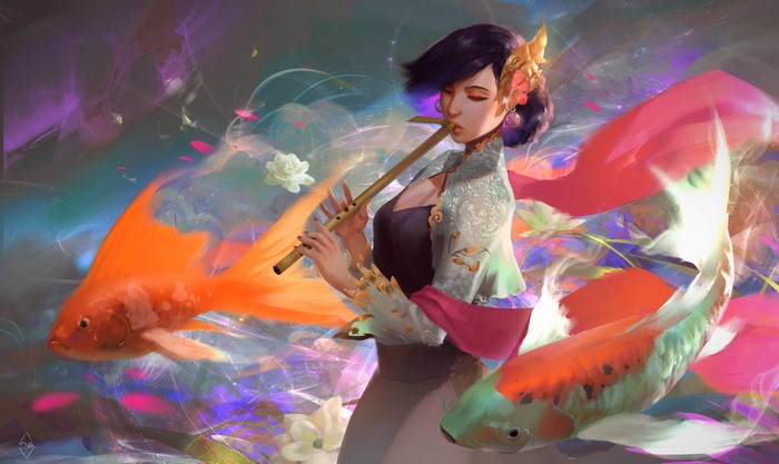 Woman playing flute with koi fish and flowers