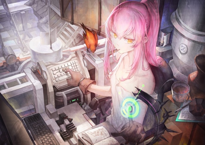 Anime girl with pink hair at a computer with a bird