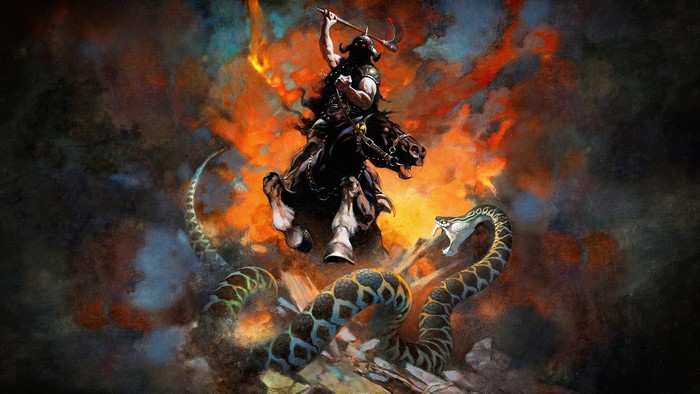 4K Fantasy Artwork of a Warrior on Horseback Fighting a Serpent