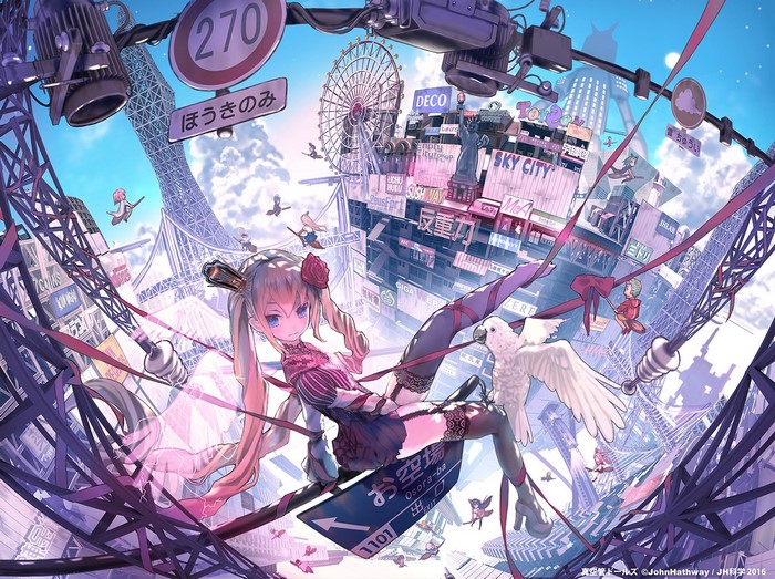 Anime girl with bird in fantasy city