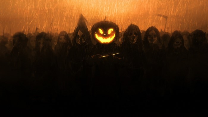Spooky Halloween pumpkin head and grim reapers in rain