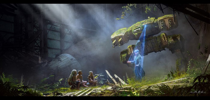 Hologram projection in overgrown ruins with mech