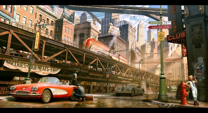 Retro Cityscape with Train and Cars by Vladimir Manyukhin