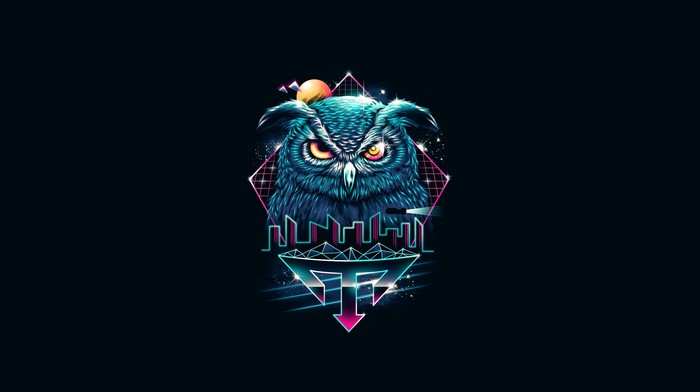Retro synthwave owl with geometric city