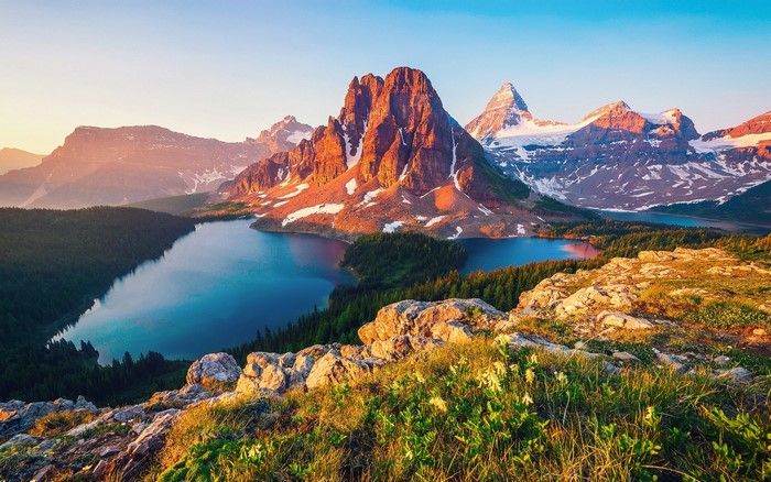 Mountain range with lake and alpine meadow