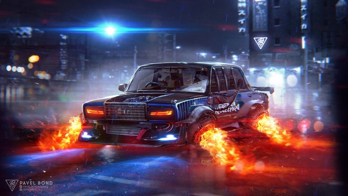 Futuristic car with flames in a cyberpunk city