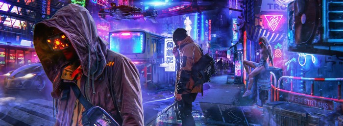 Cyberpunk city street with people and neon lights