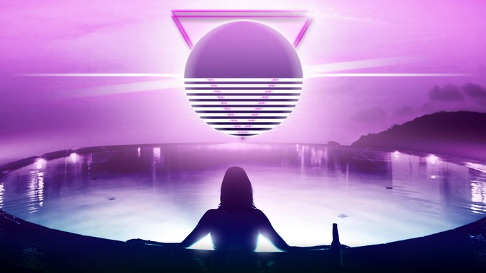 Woman in pool with retro sphere and triangle