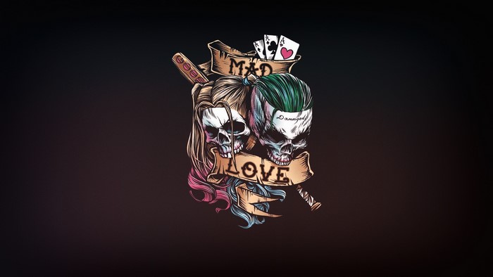 Harley Quinn and Joker skulls with Mad Love text