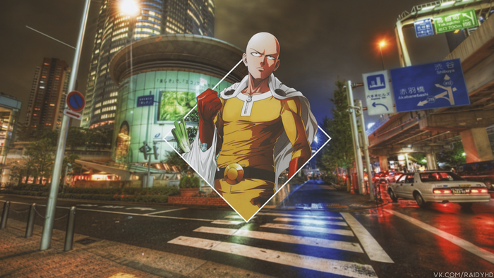 Saitama from One-Punch Man in a city at night