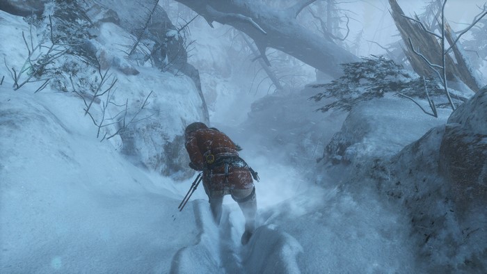 Lara Croft from Rise of the Tomb Raider skiing in snow