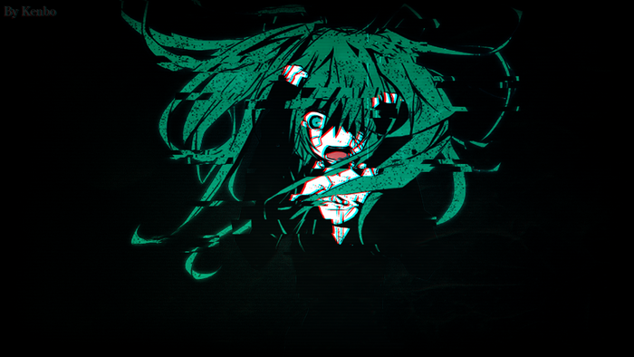 Glitching anime girl with green hair
