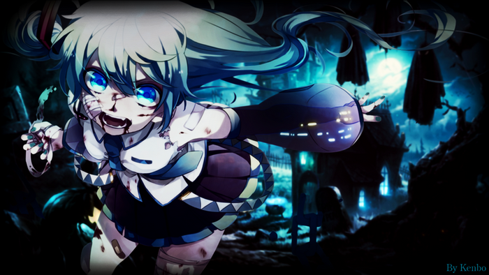 Anime girl with blue eyes and blood in a graveyard