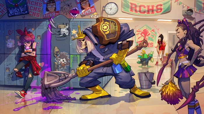 Heroes of the Storm characters in a school hallway