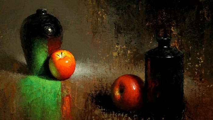 Oil painting of apples and jars