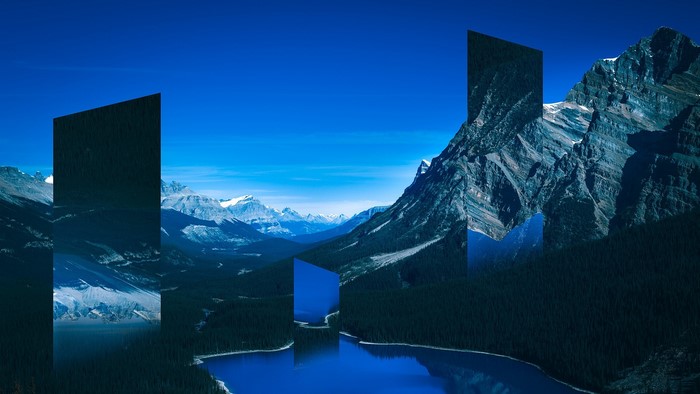 Glitch art landscape with mountains and lake