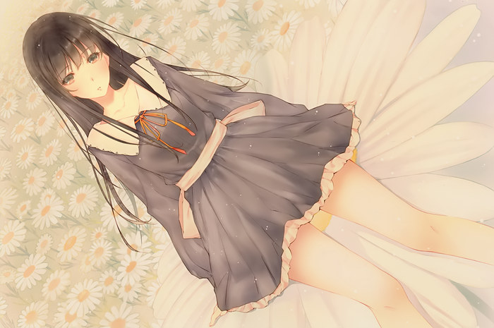 Anime girl with dark hair lying on a daisy