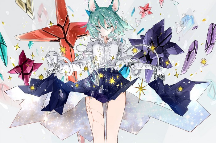 Anime girl with green hair and animal ears surrounded by crystals
