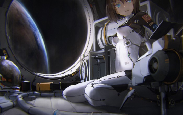 Anime girl in futuristic suit kneeling by spaceship window
