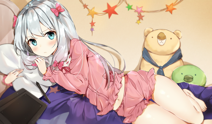 Sagiri Izumi from Eromanga-sensei lying down with plush toys