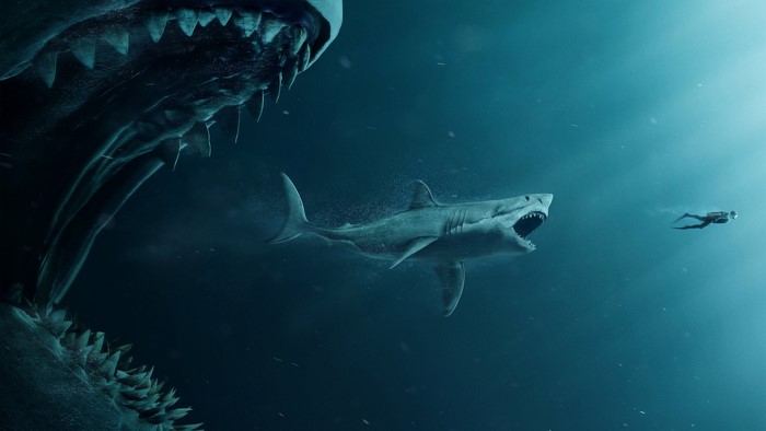 Artwork of a diver and sharks underwater