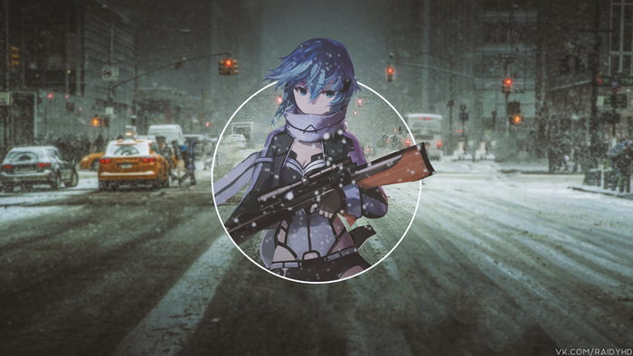 Anime girl with sniper rifle in snowy city