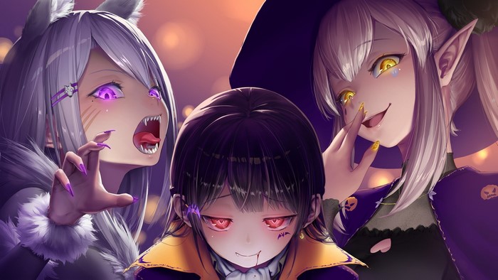 Halloween anime girls with fangs and pointy ears
