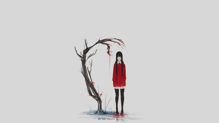 Girl in red dress by a bloody tree