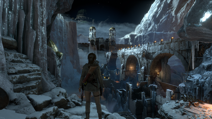 Lara Croft from Rise of the Tomb Raider in a snowy environment