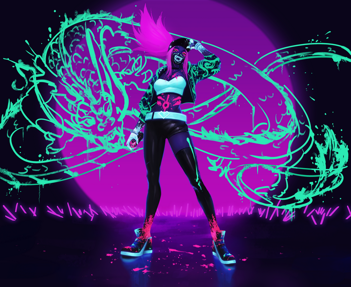Akali from League of Legends with neon graffiti